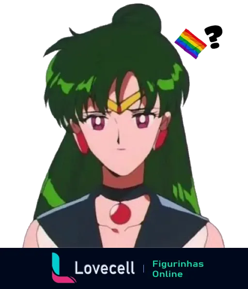 Sailor Pluto com cabelos verdes e brincos vermelhos, em destaque, com um símbolo arco-íris LGBTQ+ visível ao fundo.