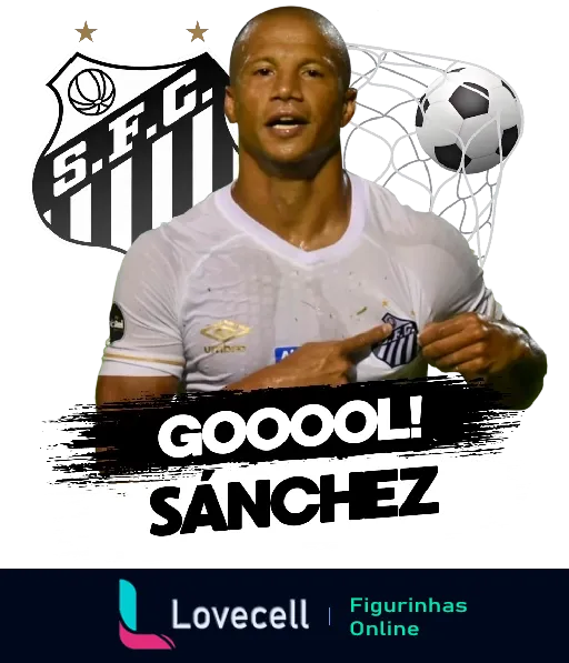 Sanchez comemorando gol pelo Santos Futebol Clube, vestindo camisa branca e apontando para escudo, com bola de futebol e texto 'GOOOL!'