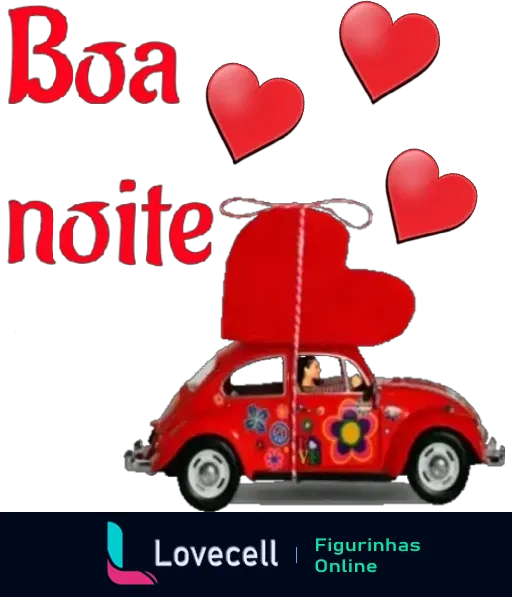 Figurinha de WhatsApp 'Boa noite' com Fusca vermelho decorado com flores, dirigido por um cachorro, com texto em letras grandes e corações vermelhos