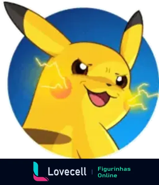 Figurinha de Pikachu sorridente com faíscas, fundo azul, transmite energia e carisma