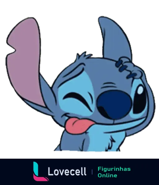 Stitch, personagem azul de Lilo & Stitch, com expressão engraçada, língua para fora e orelha levantada, criando uma careta fofa.