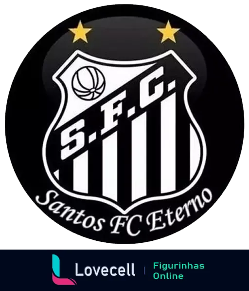 Figurinha do escudo do Santos Futebol Clube com fundo preto, letras brancas, a inscrição 'S.F.C.', 'Santos FC Eterno', uma bola de futebol e duas estrelas douradas