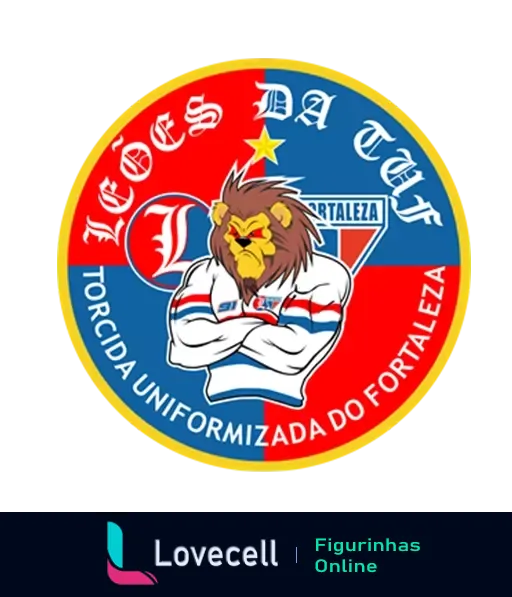 Logo dos Leões da TUF com leão de uniforme do Fortaleza, estrela e nome da torcida em círculo