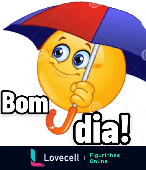 Emoticon alegre segurando um guarda-chuva colorido com a saudação 'Bom dia!', ideal para desejar um ótimo dia chuvoso e ensolarado.