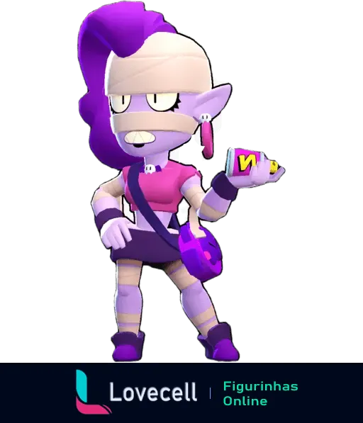 Personagem estiloso de Brawl Stars com cabelo roxo, usando bandagens, top rosa e saindo com um spray de tinta.