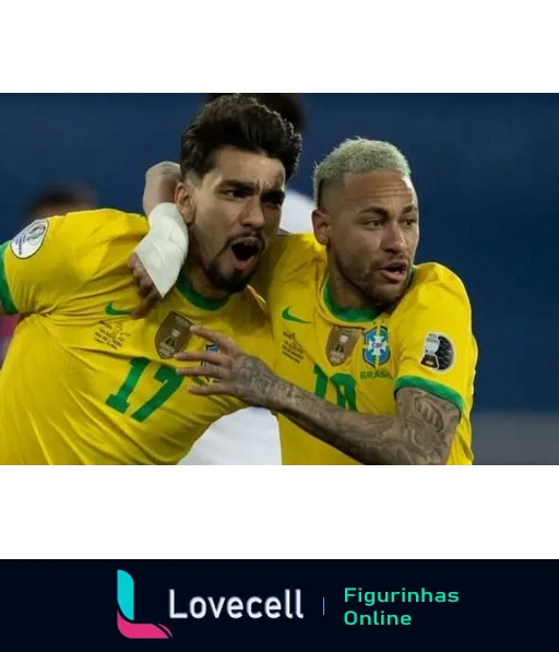 Figurinha de dois jogadores da Seleção Brasileira comemorando gol, vestidos com uniforme amarelo, expressando alegria e entusiasmo.