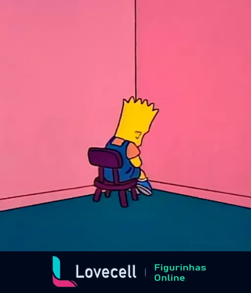 Bart sentado em uma cadeira pequena, de costas em um canto de parede rosa, aparentemente refletindo ou pensando.