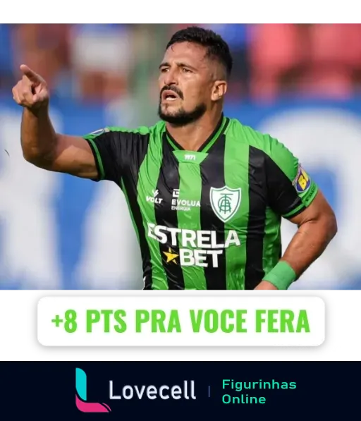 Figurinha de WhatsApp de jogador de futebol com uniforme verde e preto da Estrela Bet apontando e dando instruções com o texto '+8 PTS PRA VOCÊ FERA'