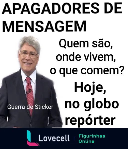 Homem de cabelos grisalhos e óculos sorrindo, vestindo terno vermelho com gravata, em fundo neutro, com texto 'Guerra de Sticker' ao redor