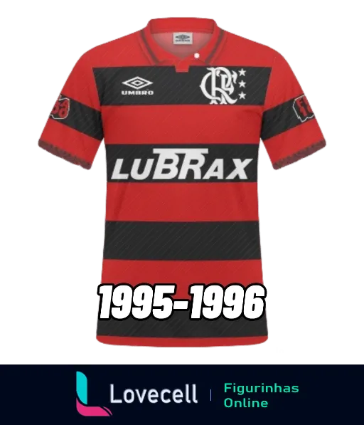 Figurinha de uma camisa do Flamengo de 1995-1996, listrada em vermelho e preto, com patrocínio da Lubrax, logomarca Umbro e escudo do clube no peito