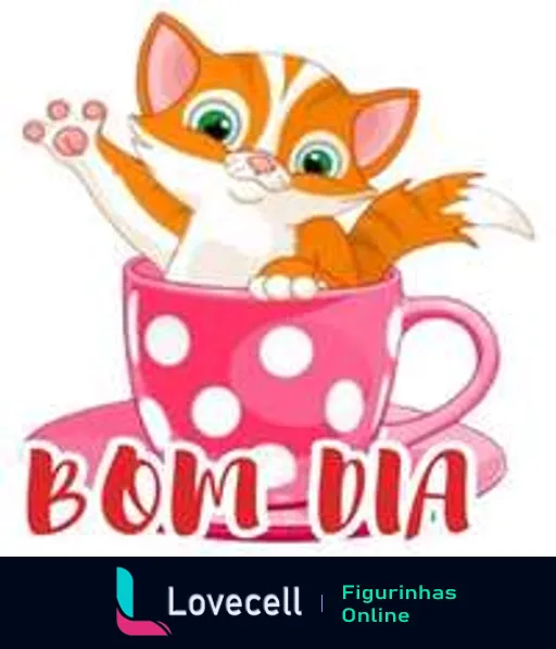 Figurinha animada de bom dia com gatinho laranja e branco acenando dentro de uma xícara de café rosa e branca com a frase 'BOM DIA' em letras grandes e rosa