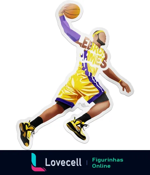 Figurinha de Lebron James, jogador de basquete, fazendo uma enterrada com uniforme amarelo e roxo. Ideal para fãs de basquete e do jogador.