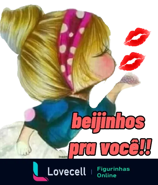 Figurinha de uma menina loira de rabo de cavalo alto e blusa azul, mandando beijinhos, com a frase 'beijinhos pra você!!' e uma faixa rosa na cabeça