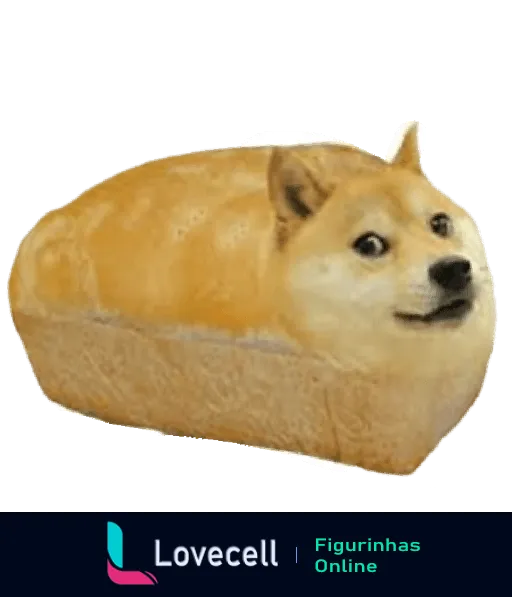 Figurinha do meme Doge combinado com pão, cachorro com corpo em formato de pão e expressão facial engraçada