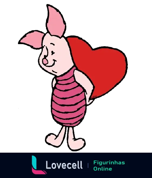 Personagem Piglet do Ursinho Pooh carregando um grande coração vermelho nas costas, com expressão amigável.