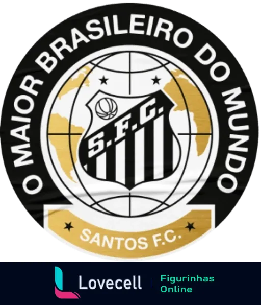 Emblema do Santos Futebol Clube em preto e branco com o selo 'O maior brasileiro do mundo' centralizado