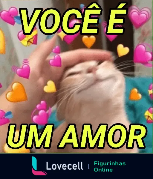 Figurinha animada de um gato recebendo carinho com corações ao redor e a frase 'VOCÊ É UM AMOR'. Ideal para expressar carinho e afeto.