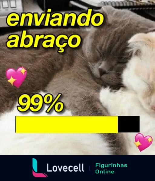 Figurinha de dois gatos fofos, um marrom e um branco, abraçados e dormindo juntos. Texto: enviando abraço 99%, com ícones de coração.