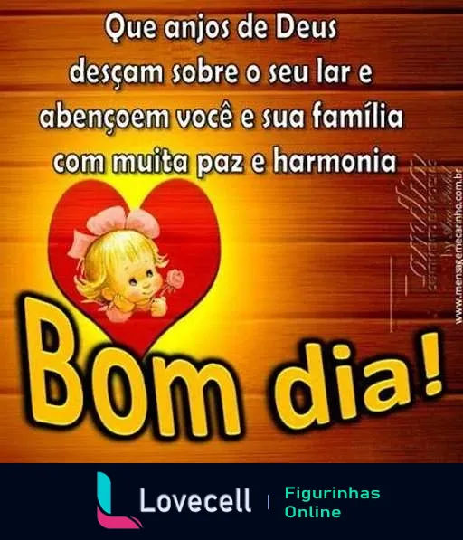 Figurinha de WhatsApp com mensagem 'Bom dia com anjos de Deus' mostrando menina loira segurando um coração e frase abençoando o lar e a família com paz e harmonia