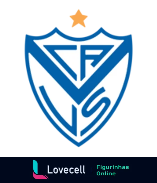 Figurinha com escudo do clube de futebol Vélez Sarsfield, apresentando fundo azul e branco com a letra 'V' estilizada no centro e uma estrela dourada no topo