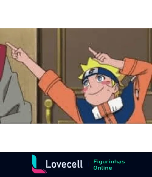 Naruto Uzumaki fazendo pose engraçada com braços acima da cabeça simulando óculos com os dedos e sorrindo