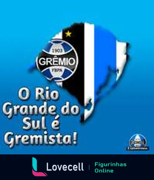 Figurinha do mapa tridimensional do Rio Grande do Sul nas cores azul e preto com emblema do Grêmio, fundado em 1903, e estrela dourada ao centro