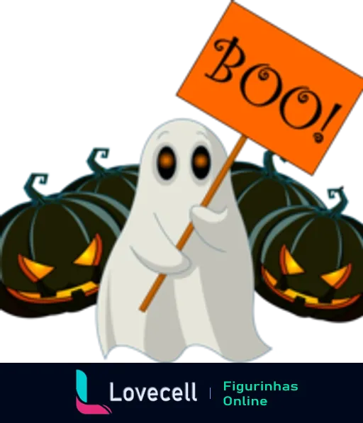 Figurinha de fantasma do Halloween sorridente segurando placa com 'Boo!', cercado por três abóboras entalhadas com expressões assustadoras