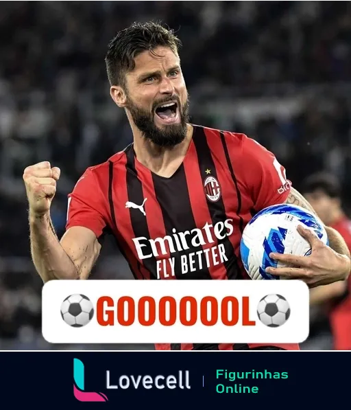 Jogador do Milan comemorando gol com intensidade, vestindo uniforme vermelho e preto, com logo da Emirates, expressão de emoção e determinação, com a palavra 'GOOOOOOL' em destaque acima dele