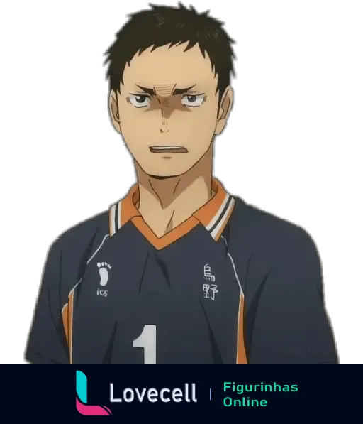 Figurinha do anime Haikyuu mostrando um personagem com expressão séria, vestindo uma camisa de esporte número 1, pronta para jogo.