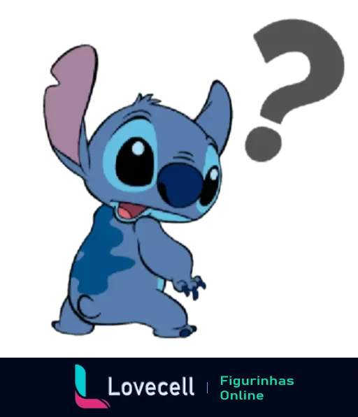 Stitch do desenho Lilo & Stitch parece confuso, olhando para uma grande interrogação ao seu lado.