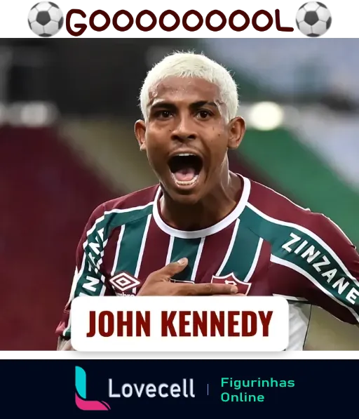 John Kennedy, jogador do Fluminense, comemora gol apontando para o patrocínio 'ZINZANE' no uniforme, expressando euforia em partida de futebol