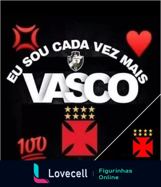 Figurinha com fundo preto e texto 'Eu sou cada vez mais VASCO' em branco e vermelho, destacando o emblema do Vasco da Gama, faixas com estrelas e o número 100