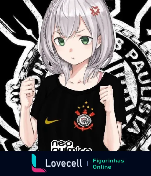 Personagem de anime com cabelo prateado e olhos verdes, vestindo a camisa do Corinthians. Fundo com o escudo do Corinthians.