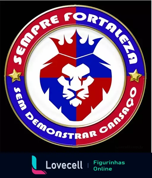 Escudo do Fortaleza Esporte Clube com leão estilizado em azul e vermelho, frase 'Sempre Fortaleza, Sem Demonstração De Cansaço' em fundo branco