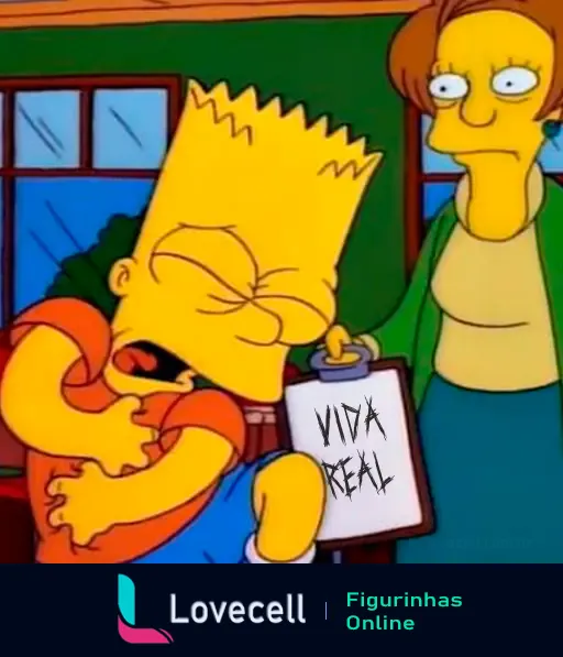 Cena animada mostra Bart Simpson segurando o estômago de dor, com a expressão de sofrimento. Ao fundo, uma mulher segura uma prancheta com o texto 'VIDA REAL'.