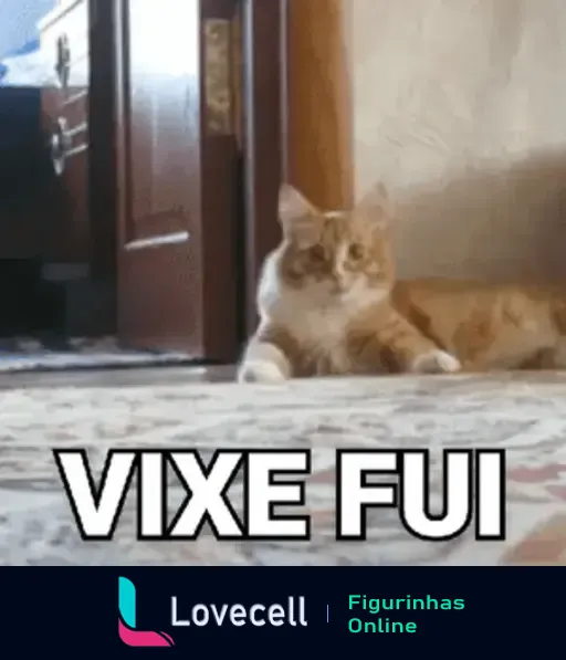 Gif de um gato deitado que sai correndo rapidamente, com a frase 'VIXE FUI' em destaque. Perfeito para reações rápidas e engraçadas.