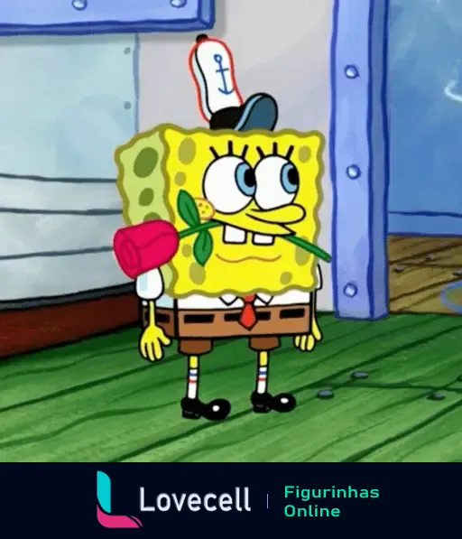 Bob Esponja Mood: Bob Esponja sorrindo com uma rosa vermelha na boca, usando chapéu de fast-food e gravata vermelha.