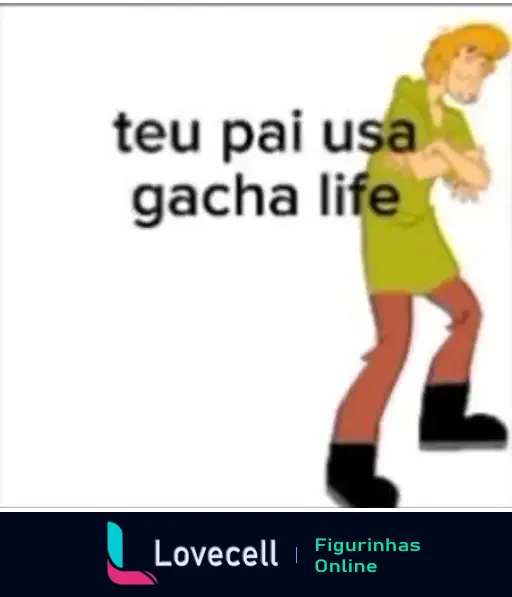 Imagem do personagem Salsicha usando uma camisa verde e calça vermelha, com a frase 'teu pai usa gacha life' escrita ao lado.