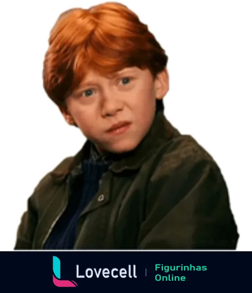 Figurinha de Ron Weasley com cabelo ruivo e expressão surpresa, vestindo jaqueta escura e suéter azul, estilo Harry Potter