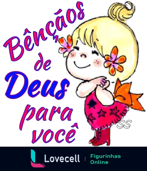 Figurinha com personagem feminina sorridente, vestido rosa e laranja, borboletas no cabelo loiro, segurando uma flor laranja, com texto 'Bênçãos de Deus para você' em letras azuis e roxas