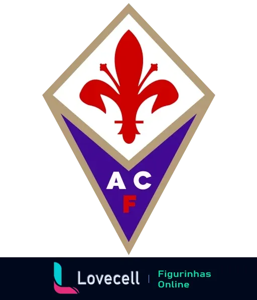 Escudo da ACF Fiorentina, um time de futebol italiano. O emblema tem uma flor-de-lis vermelha em um fundo branco e roxo.