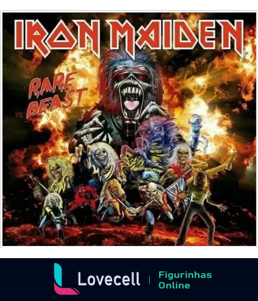 🎨Iron Maiden cover🎨 com diversas ilustrações do mascote Eddie em um cenário de fogo, carregando a inscrição 'Rare Beast'.