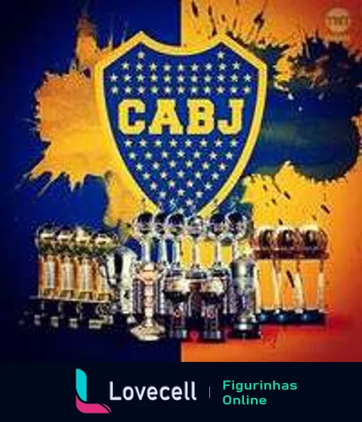 Escudo do Club Atlético Boca Juniors ao lado de taças de conquistas internacionais com fundo artístico azul e amarelo