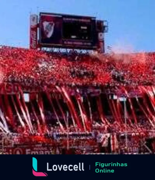 Torcedores do River Plate comemorando no estádio, vestidos de vermelho e branco, com faixas e papel picado, em atmosfera elétrica de jogo de futebol