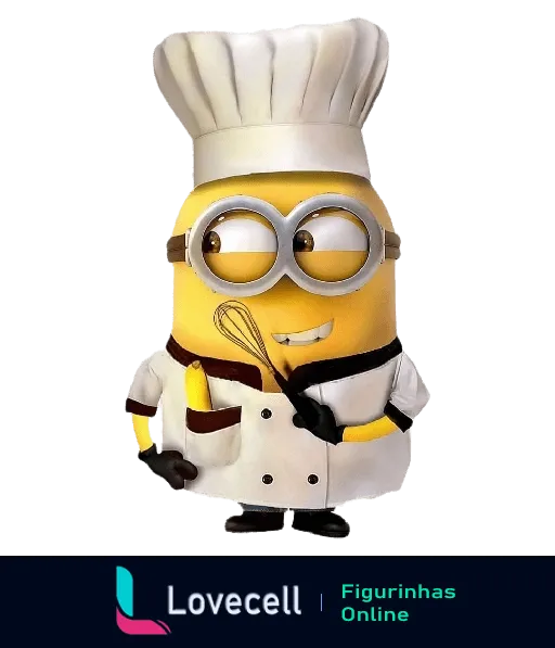 Figurinha de Minion vestido de chef de cozinha, com bigode e chapéu branco, segurando um batedor de ovos e em pose confiante