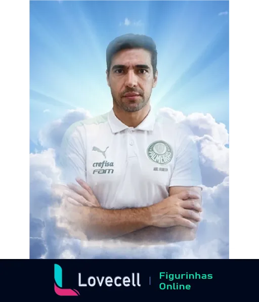 Imagem de Abel Ferreira, treinador do Palmeiras, em uniforme branco com logo do clube, de pé em meio a nuvens com luz celestial ao fundo.