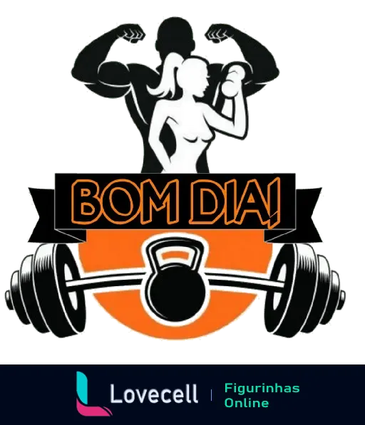 Figurinha de 'Bom Dia' fitness com silhuetas musculosas de homem e mulher, ideal para motivação em treino e musculação.