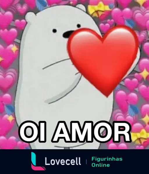 Figura de um urso com um coração vermelho e texto 'OI AMOR', ideal para usar em cantadas amorosas no WhatsApp.