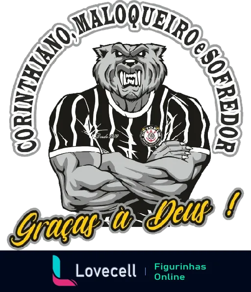 Ilustração de cachorro feroz vestindo camisa do Corinthians com texto 'Corinthiano Maloqueiro e Sofredor, Graças a Deus!'