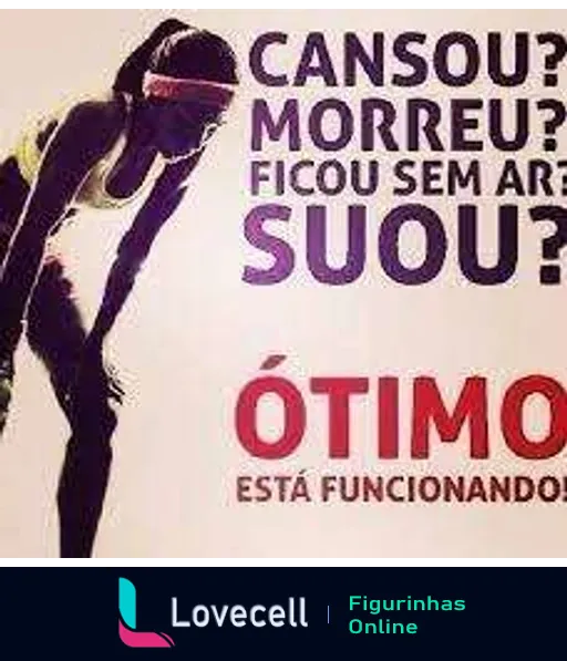 Silhueta de uma pessoa exausta após exercício, com o texto: 'CANSOU? MORREU? FICOU SEM AR? SUOU? ÓTIMO, ESTÁ FUNCIONANDO!' que transmite motivação e perseverança.